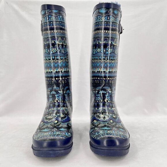 Sakroots One World Blue Elephant Peace Boho Faux Fur Lined Tall Rain Boot Size 7 - Picture 3 of 11